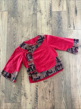 Red Women's Button-Front Jacket with Patterned Trim